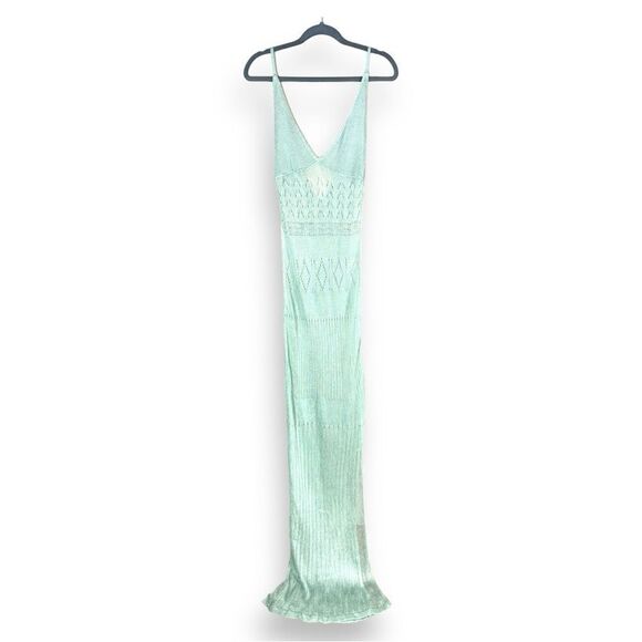 REVOLVE Flook The Label Kendall Dress in Mint Crochet Sheer Low Back Maxi NWT L - Picture 2 of 9